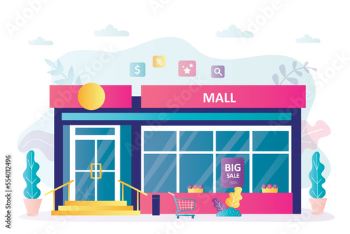 Shopping mall building. Entrance to the supermarket. Showcases of large store. Storefront, facade of store. Commercial real estate. Shop exterior.