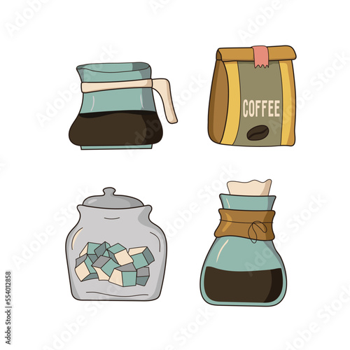 Set of coffee elements collection. Coffee supplies icons. make coffee. French press, coffee makers, and packaging. Vector illustration.