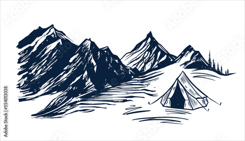 Camping in nature, mountains, hand drawn illustrations