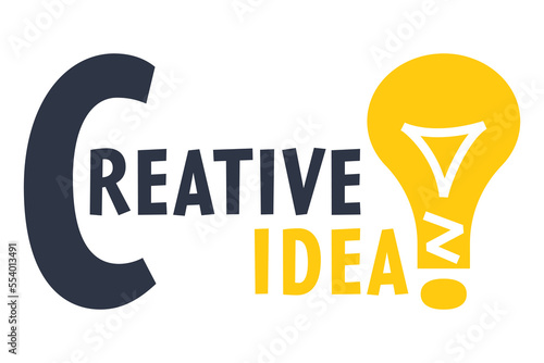 Text Creative idea with an exclamation mark in the shape of a light bulb, idea concept.