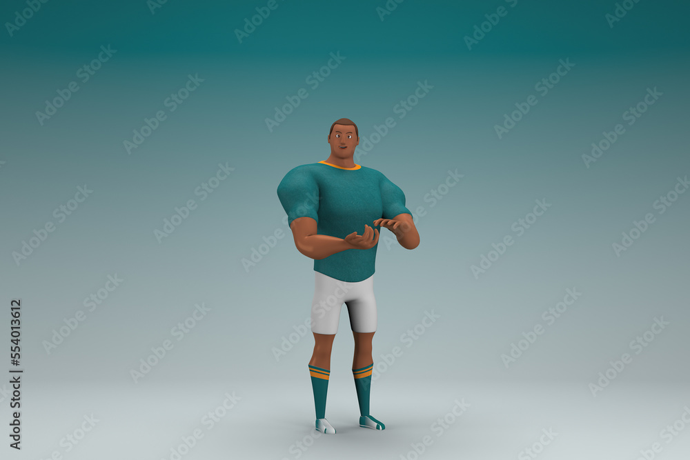 An athlete wearing a green shirt and white pants is expression of hand when talking. 3d rendering of cartoon character in acting. An athlete wearing a green shirt and white pants is expression of hand when talking. 3d rendering of cartoon character in acting.