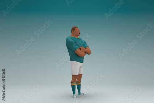 An athlete wearing a green shirt and white pants is expression of hand when talking. 3d rendering of cartoon character in acting.
