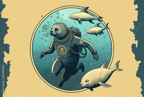 Cute diver jogging beside seals Illustration of a cartoon emblem. solitary science animal symbol idea. Generative AI