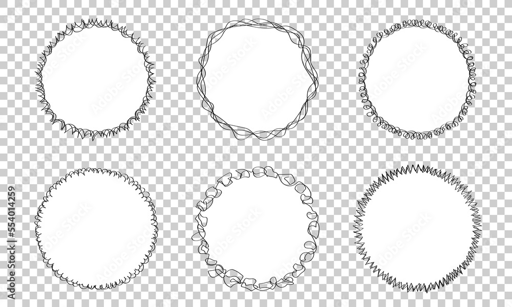 Set of six doodle frames with black hand drawn borders isolated on transparent background. Template of linear vector round frames with blank white space inside. Scribble sketchy circles Set of six doodle frames with black hand drawn borders isolated on transparent background. Template of linear vector round frames with blank white space inside. Scribble sketchy circles