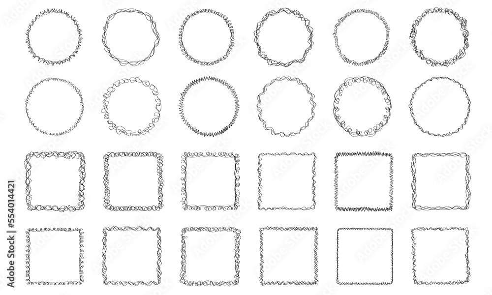 Big set of 24 doodle sketchy round and square frames with scribble hand drawn borders isolated on white background. Template of editable linear vector frames with empty space inside. Big set of 24 doodle sketchy round and square frames with scribble hand drawn borders isolated on white background. Template of editable linear vector frames with empty space inside.
