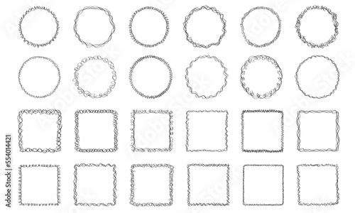 Big set of 24 doodle sketchy round and square frames with scribble hand drawn borders isolated on white background. Template of editable linear vector frames with empty space inside.