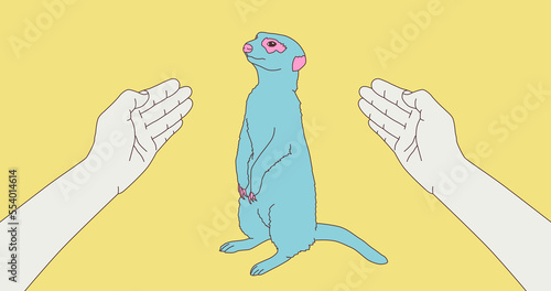 Fashion minimal illustration art. Funny meerkat and hand. Trendy retro trippy design
