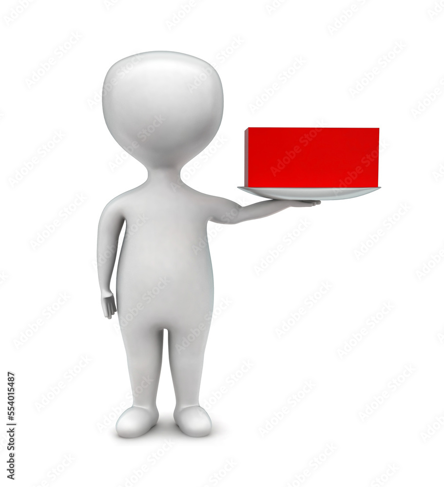 3d man holding a plate and presenting red box in it concept 3d man holding a plate and presenting red box in it concept