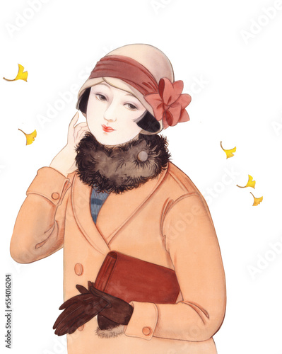 大正浪漫 昭和レトロ 銀杏の葉とリボンの帽子の少女