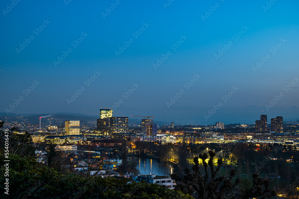 High-viewpoint image of Zurich city Switzerland, Europe. Late evening turning into early night