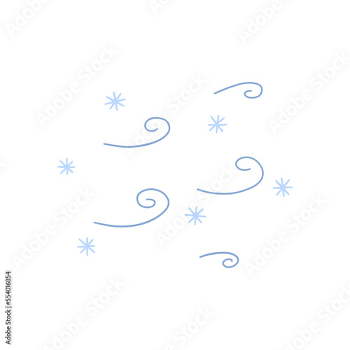 Snow and blizzard with wind direction. Colorful vector isolated illustration hand drawn doodle. Weather forecast. Cyclone, snow storm, winter season card