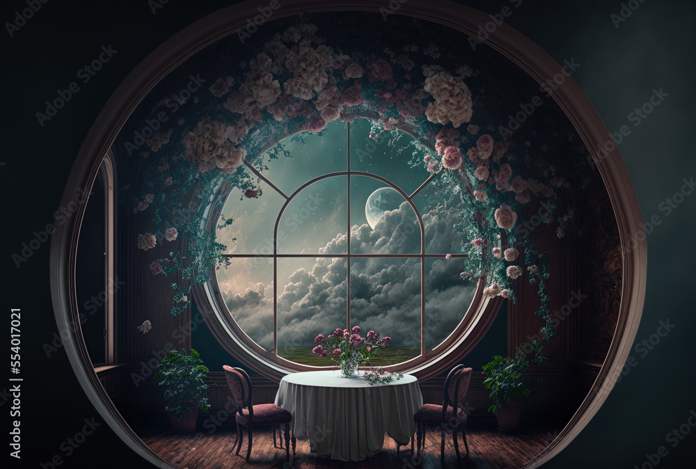 a dark atmosphere with wide windows with arches and a floral cloud hanging over a circular table,. Generative AI