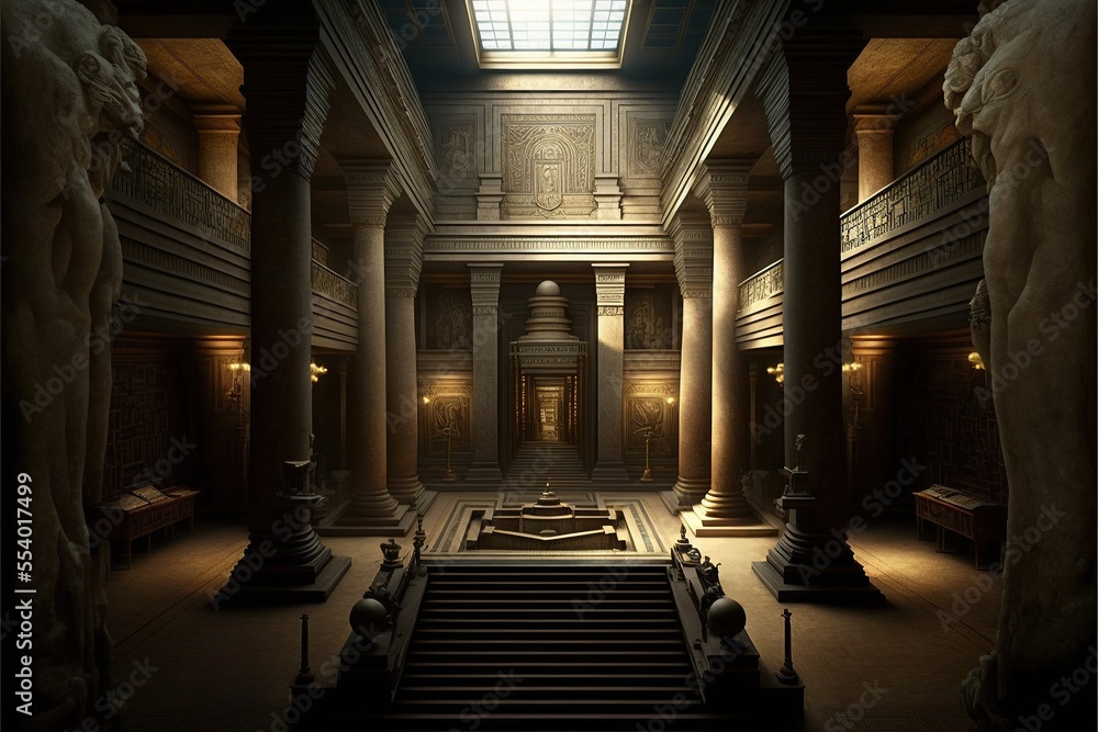 Ancient Egyptian majestic temple with columns and a throne. Atmospheric ancient interior Egypt hall. Rays of the sun, haze. AI