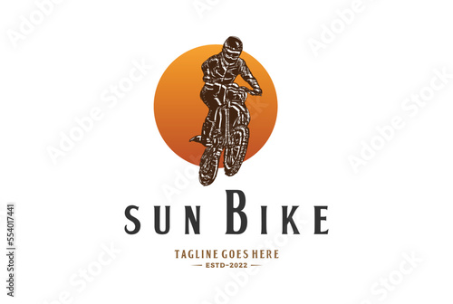 Vintage Sun Sunrise Sunset with Jumping Dirt Bike for Sport Race Club Competition Logo Design