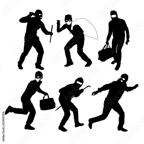 set of silhouettes of a thief, silhouettes of a criminal