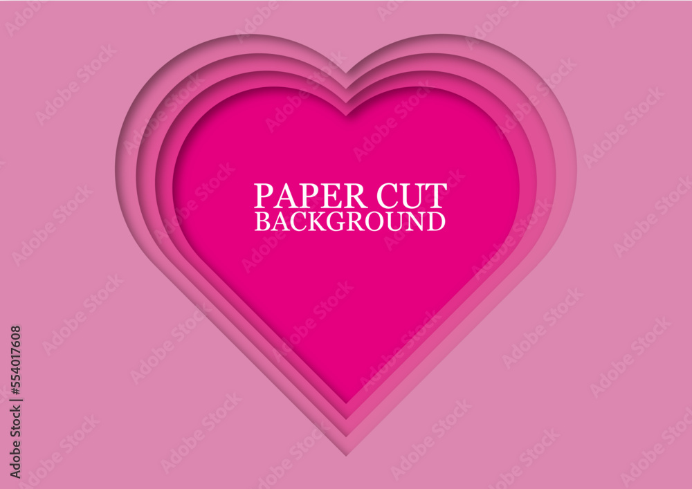 Pink heart paper cut background. Wavy pink layers. Abstract realistic paper design. Trendy carving art. 3d relief.