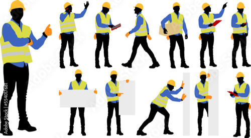 Hand-drawn set of male and female workers with helmets and vests. Workers in different poses. Vector flat style illustration isolated on white. Full length view