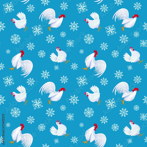 winter seamless pattern with chickens and snowflakes on a blue background
