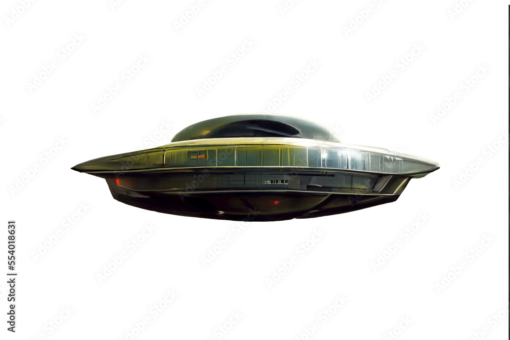 UFO flying saucer spaceship from outer space which is an alien craft, png file cut out and isolated on a transparent background, computer Generative AI stock illustration image