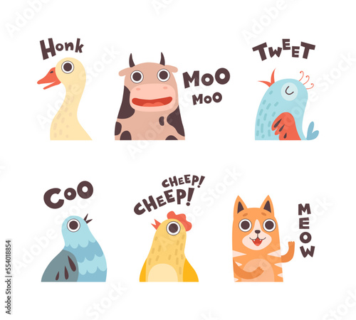 Cute Animals Making Noisy Sounds and Uttering Vector Set