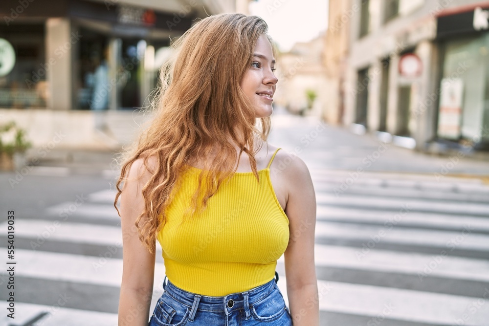 Young caucasian girl smiling confident at street