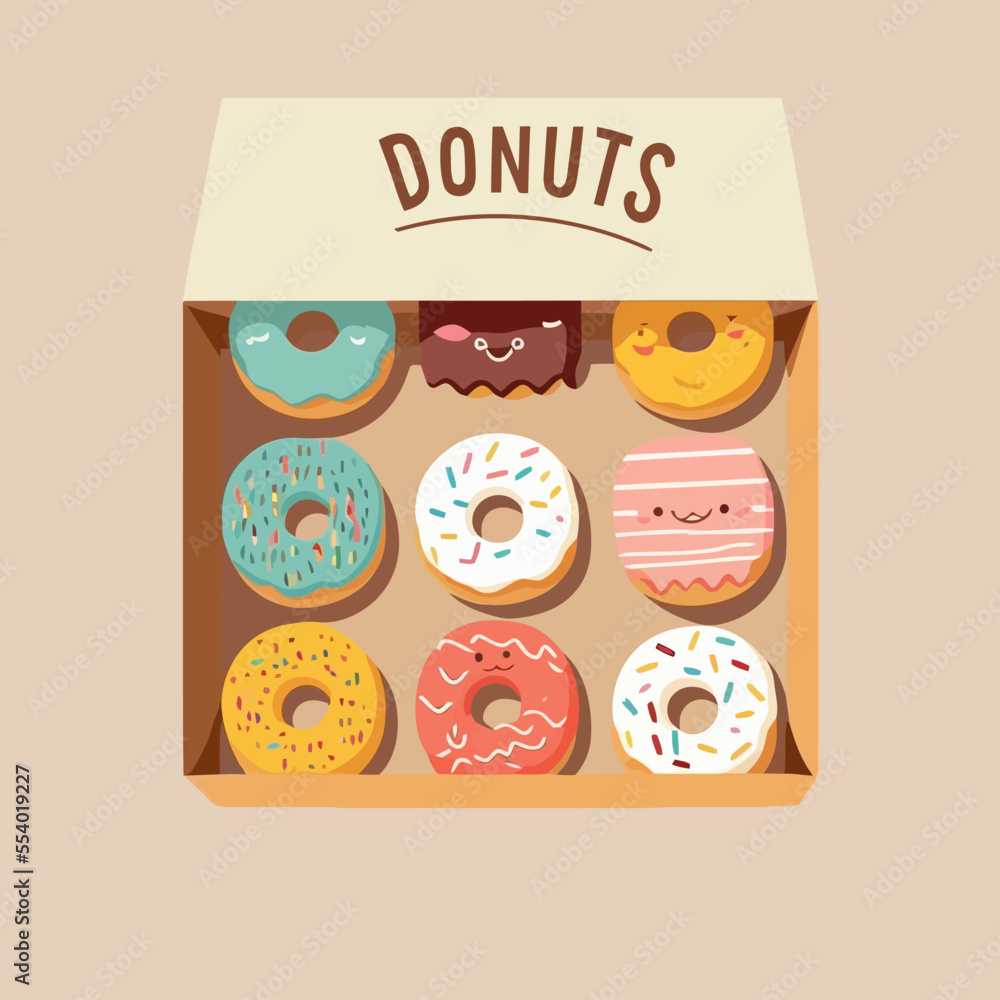 box of donut bakery store logo cartoon doughnut icon or label and cafe