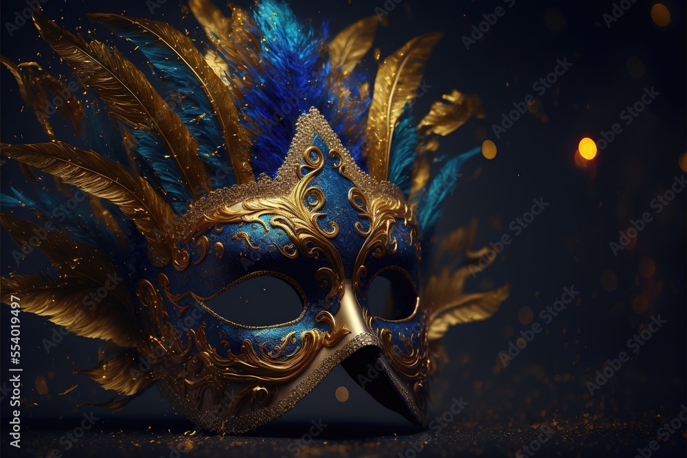 Realistic luxury carnival mask with blue feathers. Abstract blurred background, gold dust, and light effects. Generative Ai