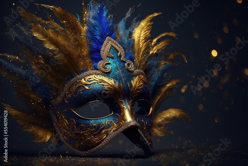 Realistic luxury carnival mask with blue feathers. Abstract blurred background, gold dust, and light effects. Generative Ai © makstorm
