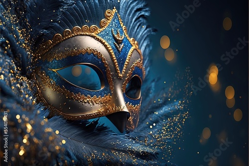 Leinwand Poster Realistic luxury carnival mask with blue feathers