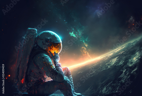 Astronaut thinking about lights in deep space. Generative AI © 2rogan