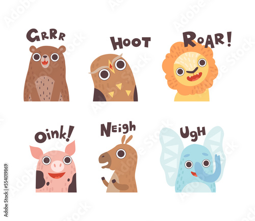 Cute Animals Making Noisy Sounds and Uttering Vector Set