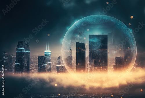 Digital bitcoin hologram and lines against a foggy cityscape Double exposure of a cryptocurrency online banking application and financial idea. Generative AI