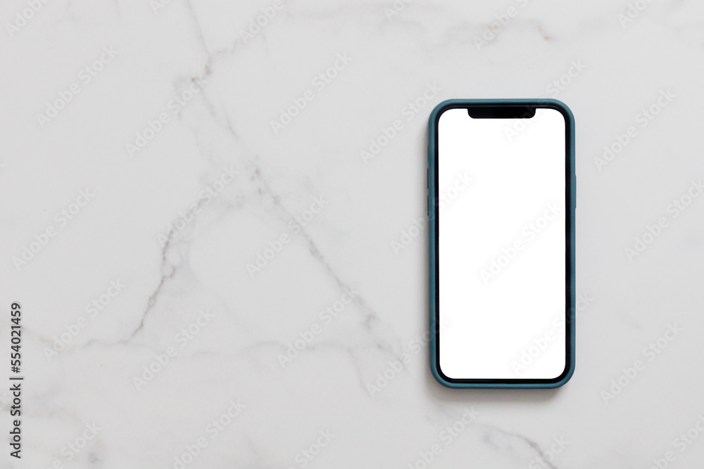 Smartphone with blank white screen in case on marble table, Mobile phone mock up