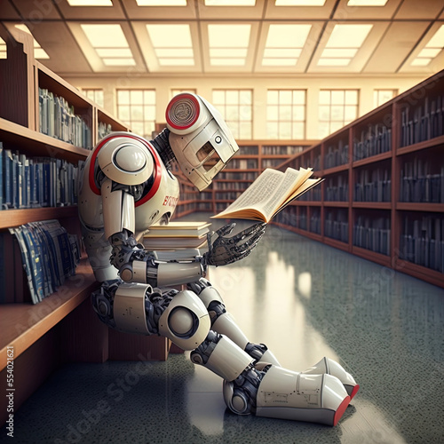 Robot reading in the library.