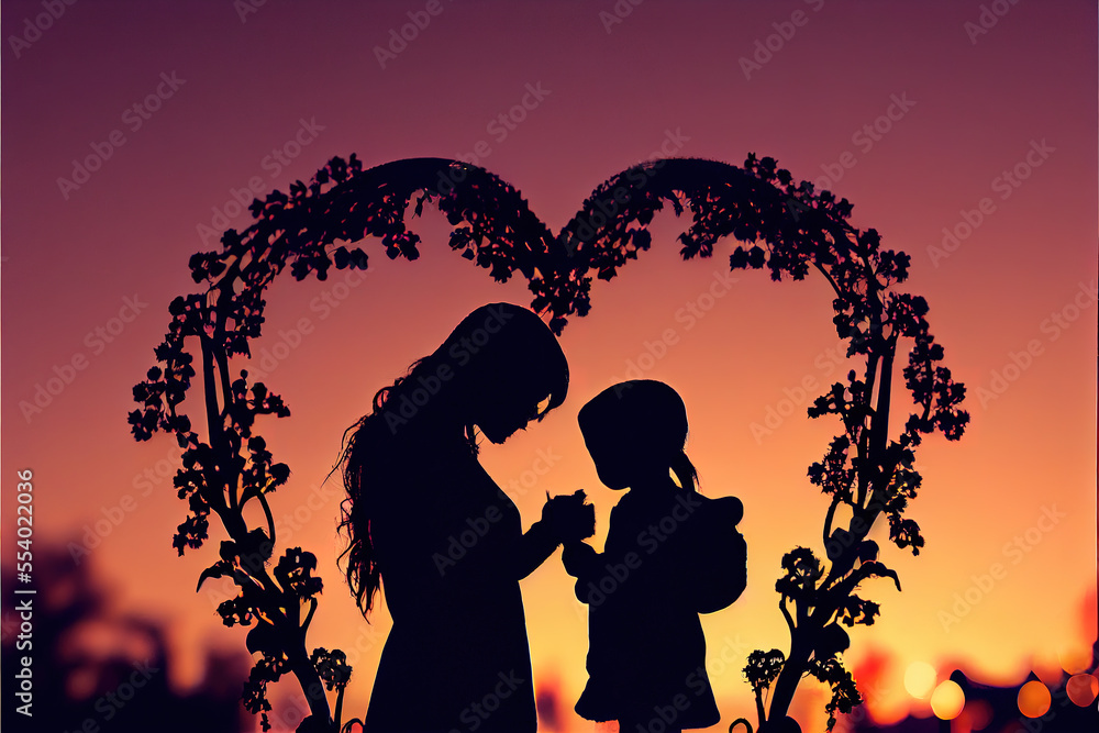 happy mother day , love playing with her small daughter in silhouette full of emotions at sunset  generative ai