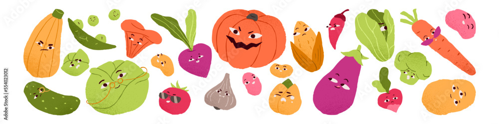 Funny vegetable characters with cute happy faces, kawaii emotions. Fun comic food set. Smiling carrot, tomato, broccoli, onion. Childish flat graphic vector illustration isolated on white background Funny vegetable characters with cute happy faces, kawaii emotions. Fun comic food set. Smiling carrot, tomato, broccoli, onion. Childish flat graphic vector illustration isolated on white background