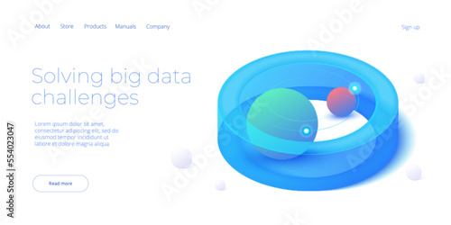 Big data and cloud solutions in isometric vector illustration. Hosting server Abstract datacenter or blockchain background. Network mainframe infrastructure website layout