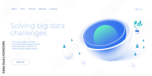 Big data and cloud solutions in isometric vector illustration. Hosting server Abstract datacenter or blockchain background. Network mainframe infrastructure website layout
