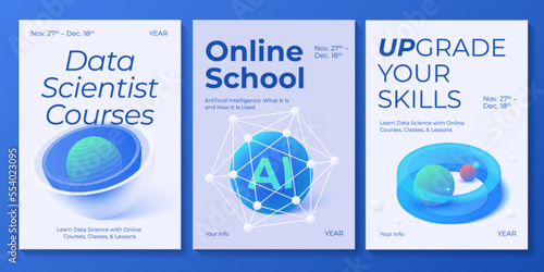 Social media web banner templates for online school, classes and courses. Big data, Ai and cloud solutions in isometric vector illustration. Abstract datacenter or blockchain network background