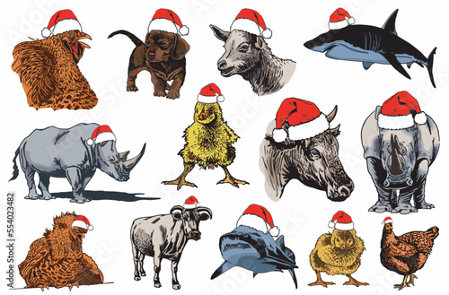 Fototapeta Naklejka Na Ścianę i Meble -  Vector color set of animals in Santa Claus red hat on white isolated, Christmas wildlife element 