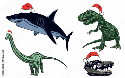 Vector set of color dinosaurs in Santa Claus red hats isolated on white background, dino collection