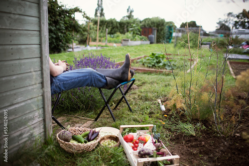 Man relaxing with feet up in garden next to harvested vegetables photo