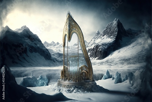 Winter mountain fantasy landscape, Antique harp, stringed ancient musical instrument. AI photo