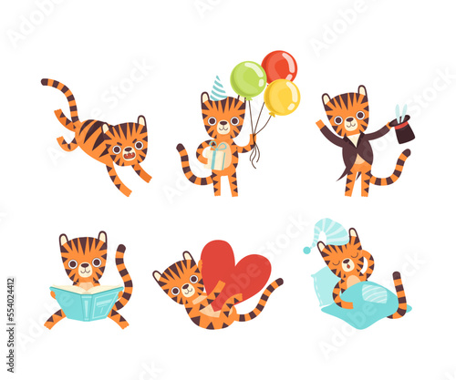 Cute Little Tiger with Striped Coat Engaged in Different Activity Vector Set
