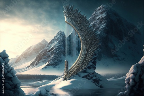 Winter mountain fantasy landscape, Antique harp, stringed ancient musical instrument. AI © MiaStendal