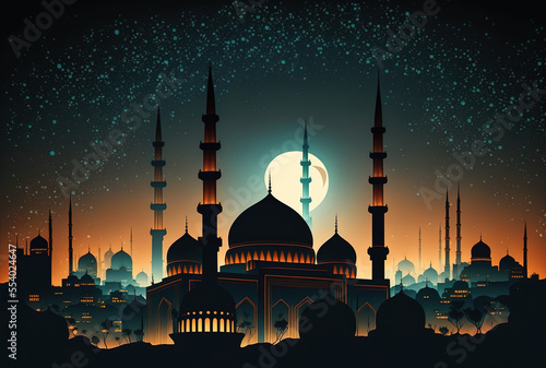 Background of a nighttime city with a mosque. Generative AI
