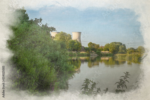 Digital watercolor painting of Willington power station cooling towers. photo