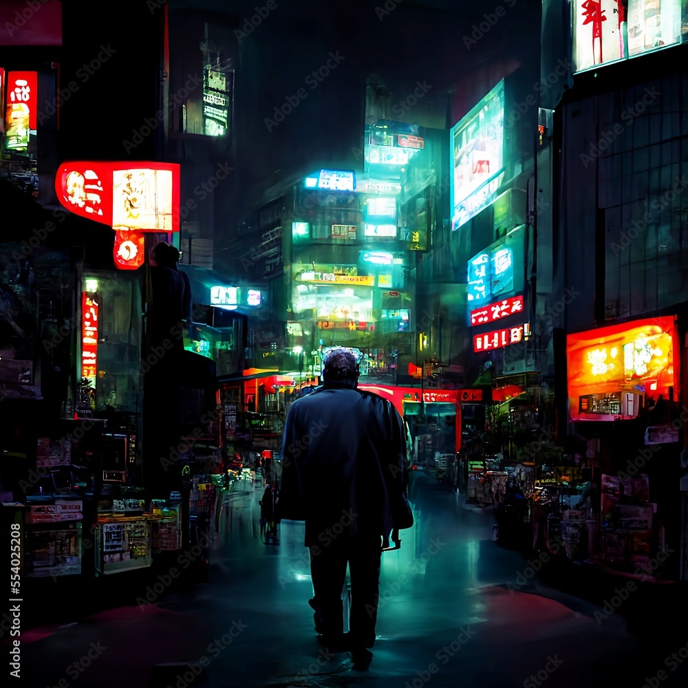An old guy walking in night market Tokyo digital art