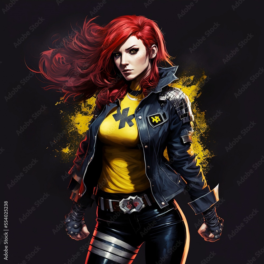 Red hair female in black leather jacket digital painting