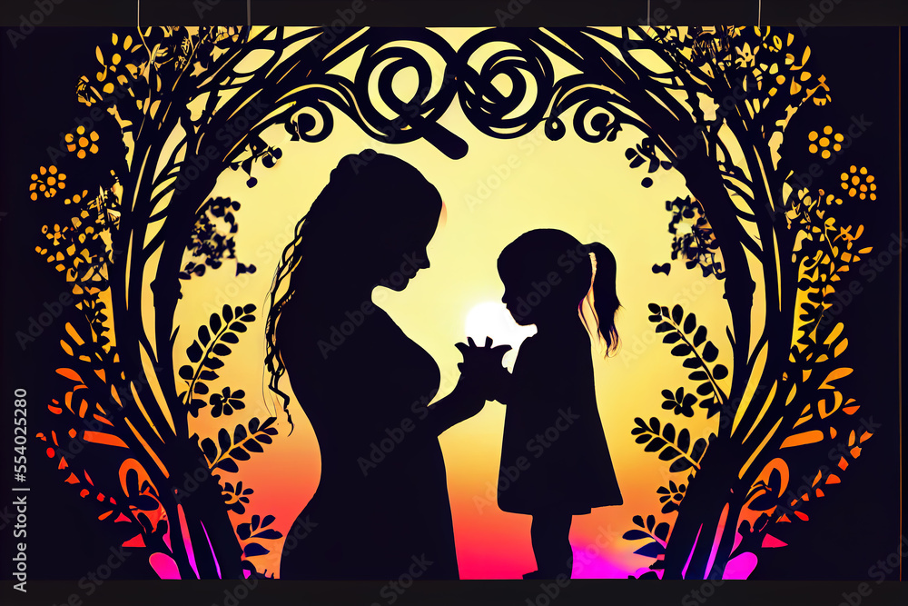 happy mother day , love playing with her small daughter in silhouette full of emotions at sunset  generative ai